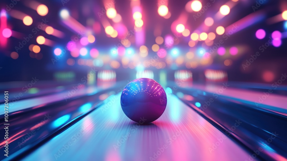 Wall mural a single blue bowling ball sits on a glowing lane in a neon-lit bowling alley.