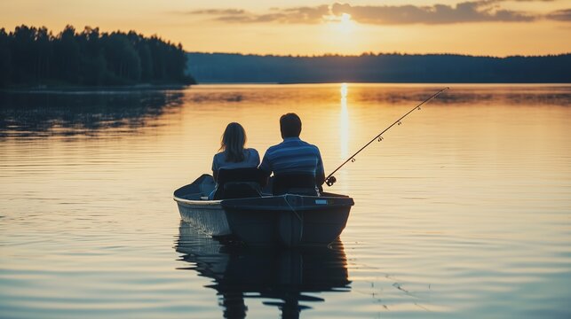 Couple fishing together in a boat during sunset on a calm lake surrounded by trees