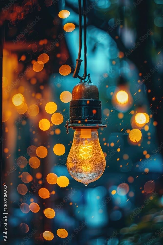 Aufkleber a single light bulb hangs from a string tied to a tree branch, illuminated by its soft glow