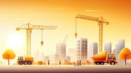 Site of a high-rise building under construction with cranes and a bustling construction team.