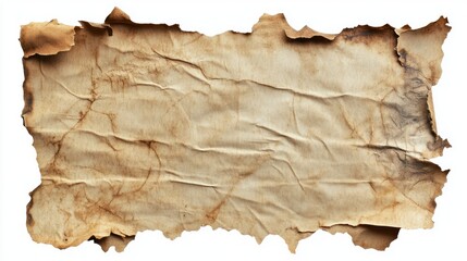 A piece of old, burnt, and crumpled paper isolated on a white background.