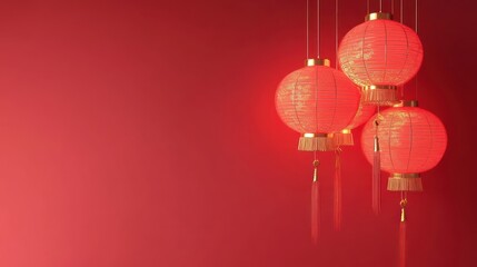 Three red Chinese lanterns with golden accents hang against a red background, creating a festive and celebratory atmosphere.