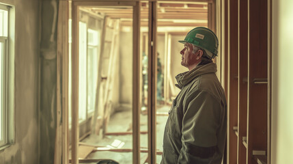 Construction worker looking in the distance