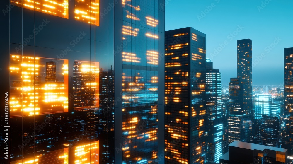 Poster skyscraper office building at night, featuring a pattern of lights creating a striking visual effect