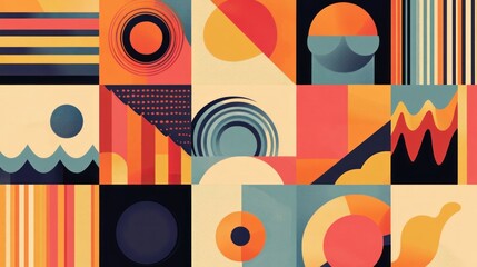 Obraz premium Abstract Geometric Pattern with Circles, Stripes, and Waves in Vibrant Colors.