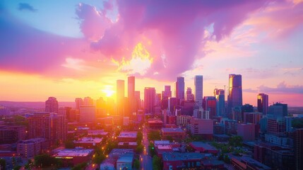 Fototapeta premium Small city skyline at dusk, with a mix of low-rise buildings and open space, creating a peaceful urban vibe.