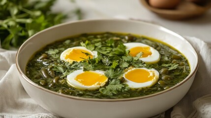 A traditional georgian dish, green lobio, made with stewed green beans, eggs, and fresh herbs, served in a white bowl with a subtle cloth backdrop.