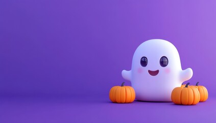 3D render of a cute cartoon white ghost with small orange pumpkins on a purple background, a minimalistic design concept, with copy space for a banner template Generative AI
