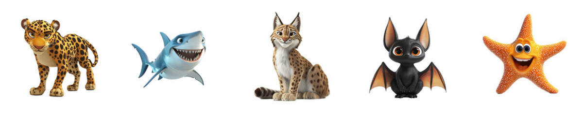 Naklejka premium Collection set of animals Leopard Shark Lynx Bat Starfish isolated on transparent background 3D fun cartoon style