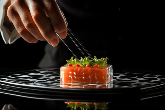 Chef working in a Michelin-starred restaurant, carefully plating a molecular gastronomy dish with tweezers, high-end cuisine and elegant presentation.
