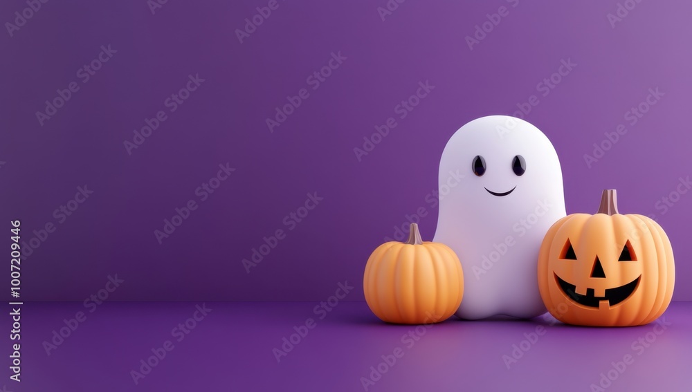 Poster 3d render of a cute white ghost and pumpkin on a purple background, with a minimalistic design and a