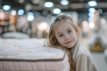 A young girl leans against a worn-out mattress in a relaxed pose