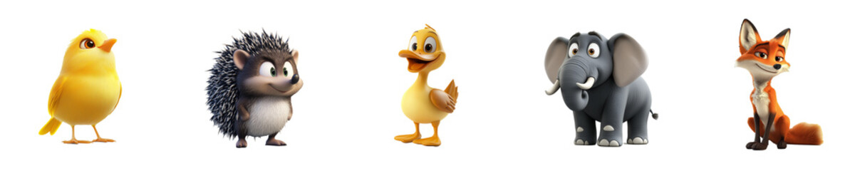 Naklejka premium Collection set of animals Canary Hedgehog Duck Elephant Fox isolated on transparent background 3D fun cartoon style