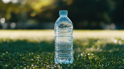 Plastic water bottle on green grass.