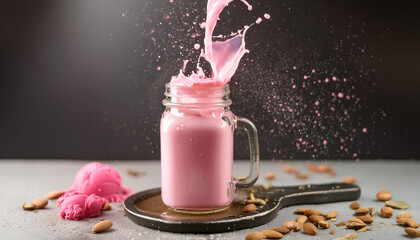 Faluda drink in a glass jar on black gradient restaurant background