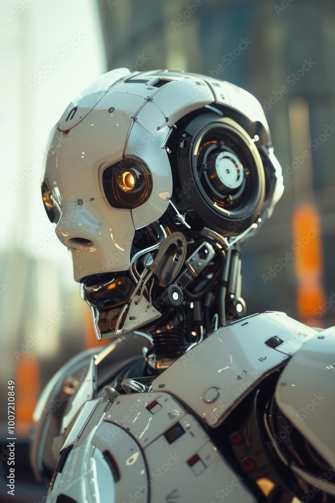 Poster a close-up view of a robot's head with a cityscape visible in the background