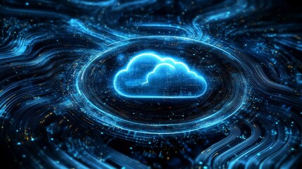 Swirling Data Streams Surrounding Glowing Cloud Icon in Cloud Storage Banner
