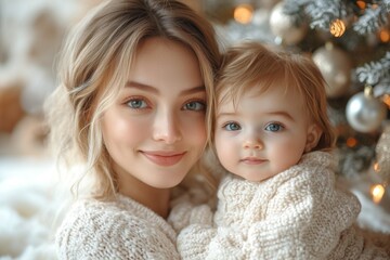 Obraz premium Beautiful young mother and her adorable little baby in warm knitted hats and scarves on the background of the Christmas tree