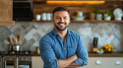Fototapeta premium smiling man in blue shirt standing in modern kitchen happy domestic lifestyle portrait
