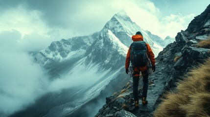 Obraz premium A lone hiker with a backpack and ice axe stands on a rocky mountain ridge, overlooking a snow-capped peak shrouded in clouds.