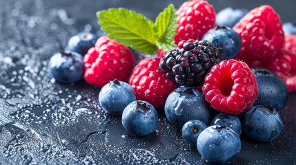 Assortment of Freshly Washed Blueberries, Blackberries and Raspberries on Dark, Wet Background.