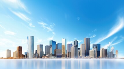 Fototapeta premium Stunning city skyline with tall modern skyscrapers and a clear blue sky, showcasing urban beauty and architectural design