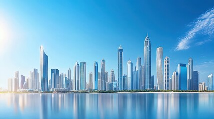 Stunning city skyline with tall modern skyscrapers and a clear blue sky, showcasing urban beauty and architectural design