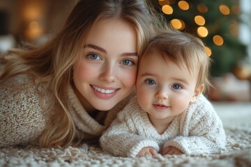 Beautiful young mother and her adorable little baby in warm knitted hats and scarves on the background of the Christmas tree