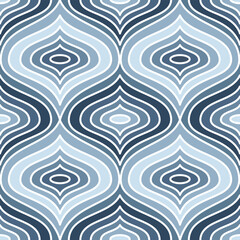 Vector seamless ogee pattern. Boho inspired geometric texture shades of blue. For fabric, packaging