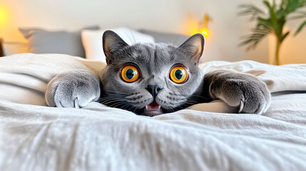 A cute gray cat with striking yellow eyes is playfully stretched out on a bed, appearing curious and alert in a cozy bedroom setting.
