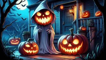 Fototapeta premium A spooky Halloween scene with a ghostly figure and carved pumpkins on a porch.