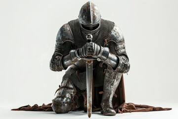 A medieval warrior kneels with his sword, ready for battle