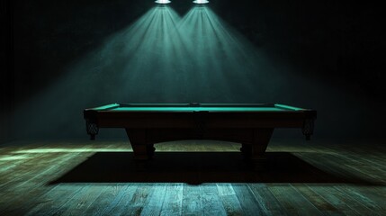 Empty pool table in a dark room with spotlights.