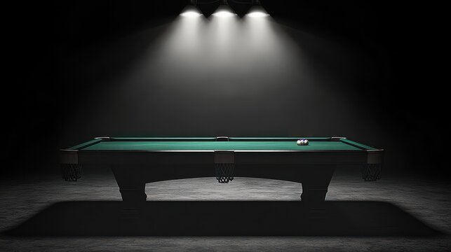 A single billiard ball rests on a green felt pool table, illuminated by overhead lights in a dark room.