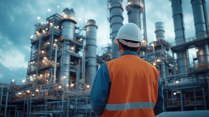 Fototapeta premium A worker in safety gear stands in front of a large industrial facility.