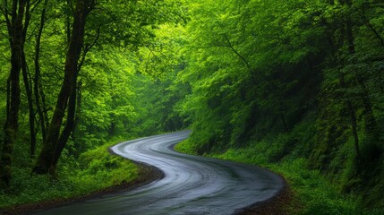 A tranquil road curves elegantly through the verdant forests of the caucasus mountains in georgia, showcasing a canopy of bright green leaves.