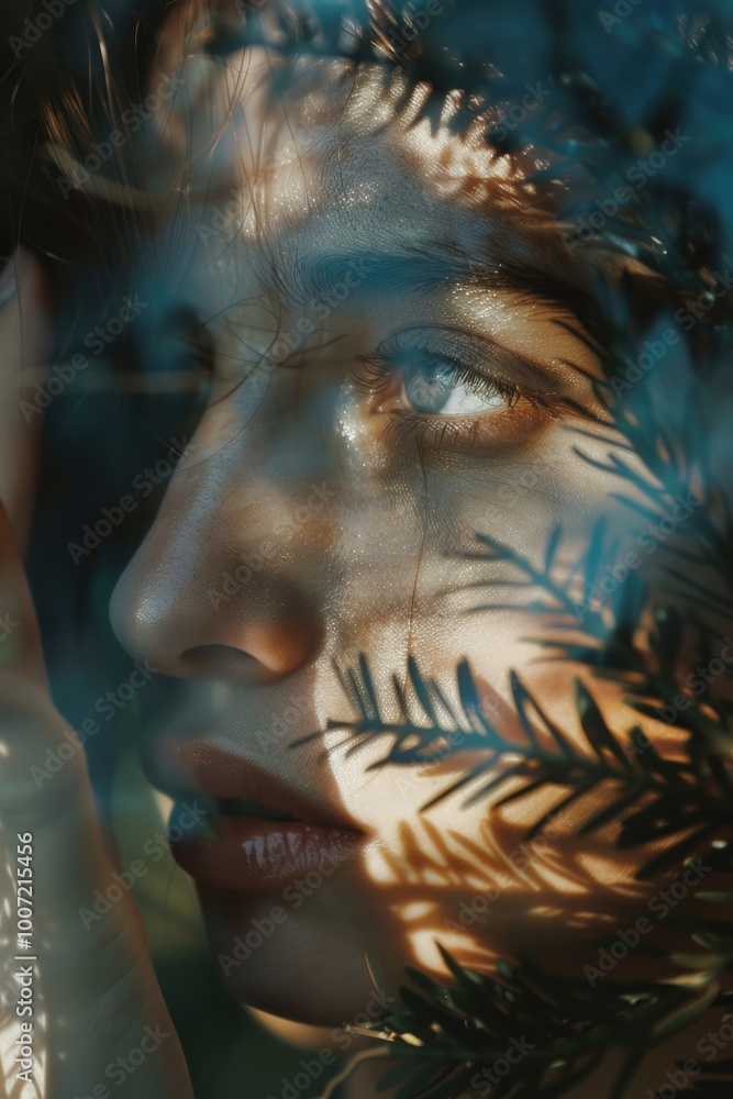 Aufkleber portrait of a woman's face partially hidden by a tree branch, ideal for use in editorial or creative