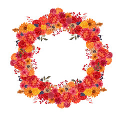 Watercolor wreath with hand draw fall flowers, berry and leaves, isolated on transparent background