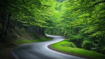Obraz premium A tranquil road curves elegantly through the verdant forests of the caucasus mountains in georgia, showcasing a canopy of bright green leaves.