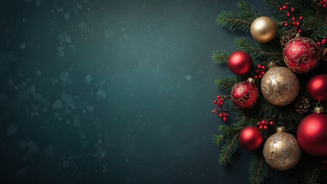 Textura verde con textura de pizarra decorado con bolas de Navidad rojas, doradas y ramitas de árbol de navidad, ideal para mensajes festivos. Postal de navidad