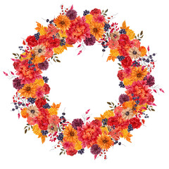 Obraz premium Watercolor wreath with hand draw fall flowers, berry and leaves, isolated on transparent background