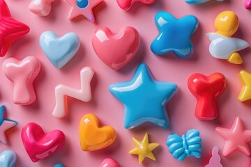 Fototapeta premium A variety of colorful candies arranged on a bright pink surface, perfect for photography, advertising, or social media