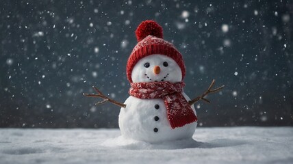 Fototapeta premium Muñeco de Nieve con Gorro y Bufanda de color rojo en un Escenario Nevado. Fondo de Navidad