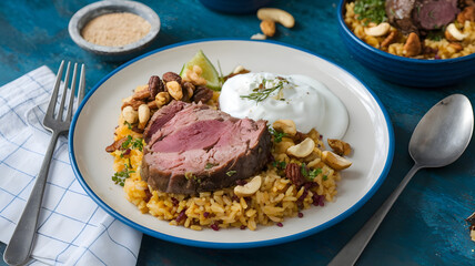 A beautiful serving of lamb ouzi, with fragrant spiced rice, roasted nuts, and a side of yogurt.
