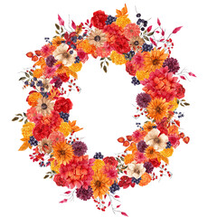 Watercolor wreath with hand draw fall flowers, berry and leaves, isolated on transparent background