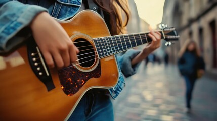 Obraz premium Close up of a woman's hands playing an acoustic guitar in a city setting.