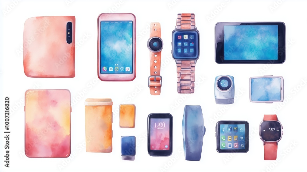 Aufkleber a collection of various digital devices and smartwatches displayed on a white background in a colorf