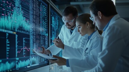 Scientists discussing results digital screen, data visualizations dynamic, collaborative. AI generated
