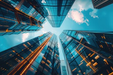 A view of tall buildings from the ground up, perfect for urban landscape or architecture usage