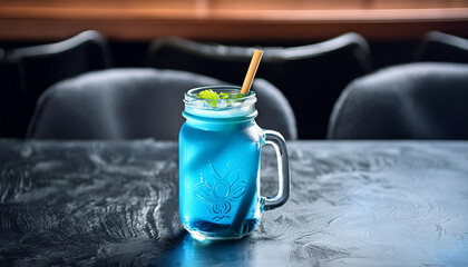 Mocktail in a glass jar on black gradient restaurant background